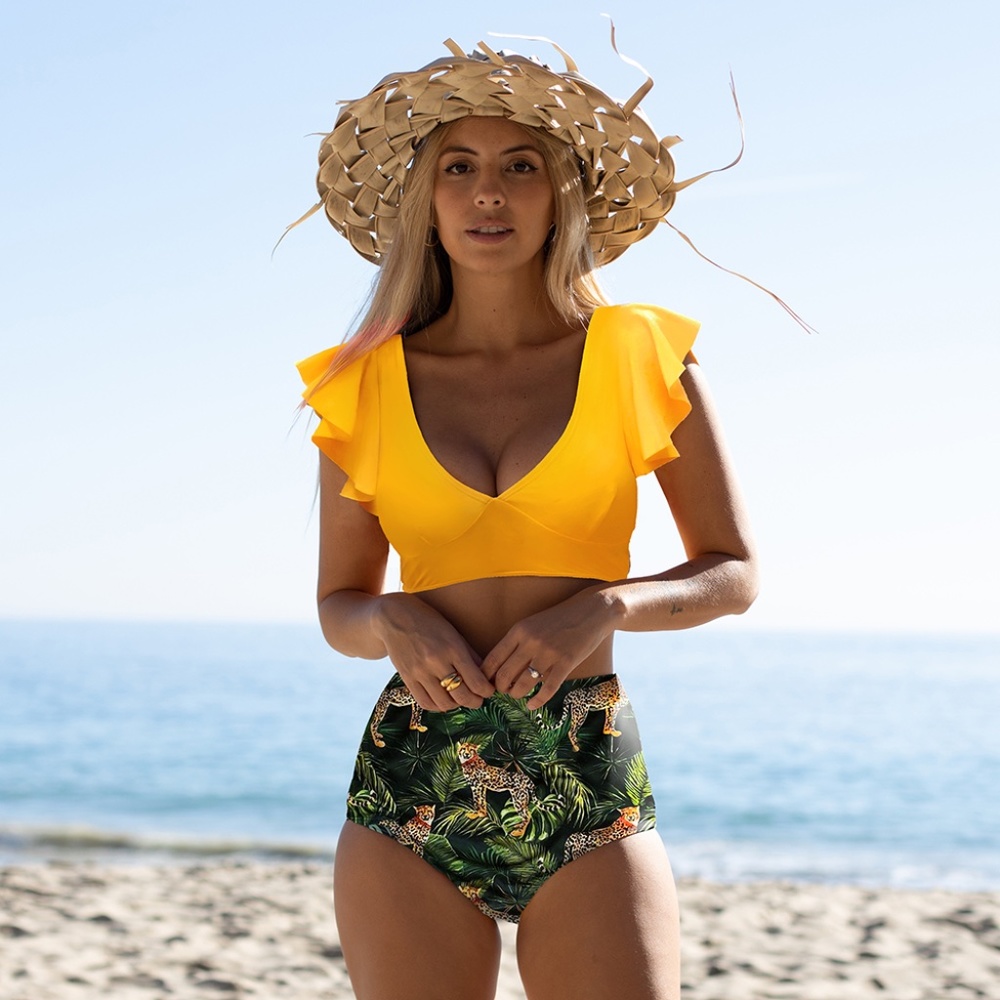 NEW Ruffle bikini top cheetah high-waist bottom size M